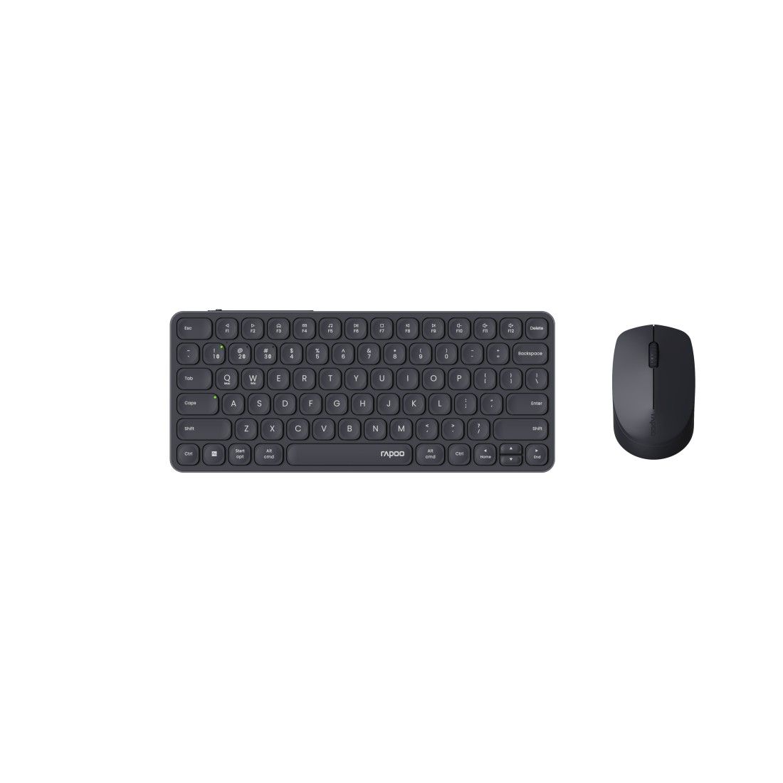 Eine kompakte schwarze Tastatur und eine schwarze Maus auf weißem Hintergrund. Die Tastatur ist flach.