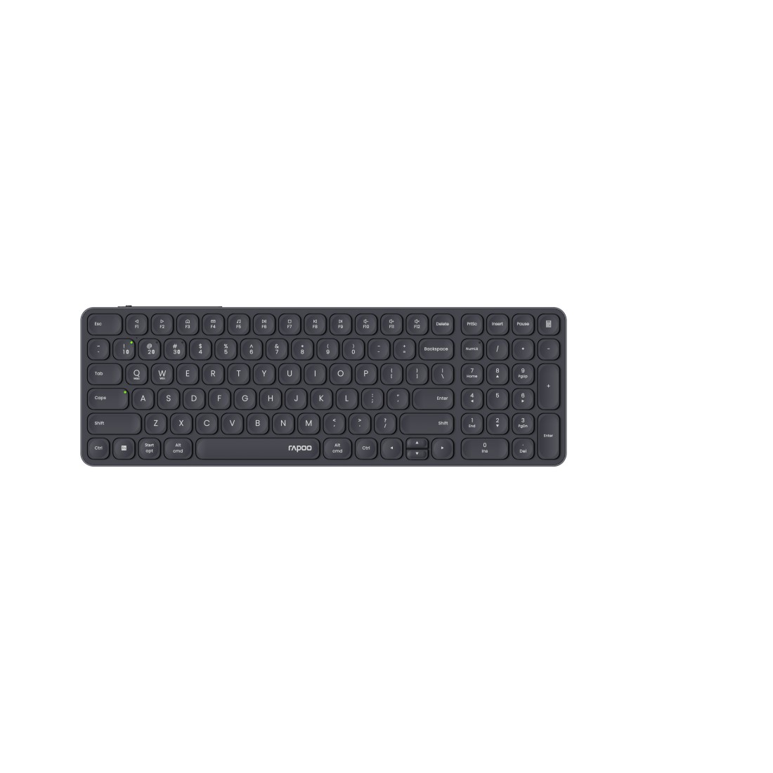 Eine dunkelgraue Rapoo-Tastatur auf weißem Untergrund, alle Tasten sichtbar.