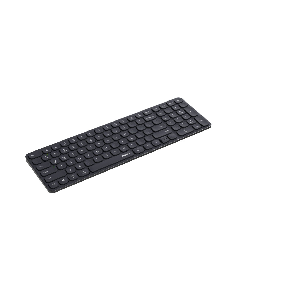 Eine schwarze Tastatur auf weißem Hintergrund. Die Tastatur ist schlank und modern, mit QWERTZ-Layout.