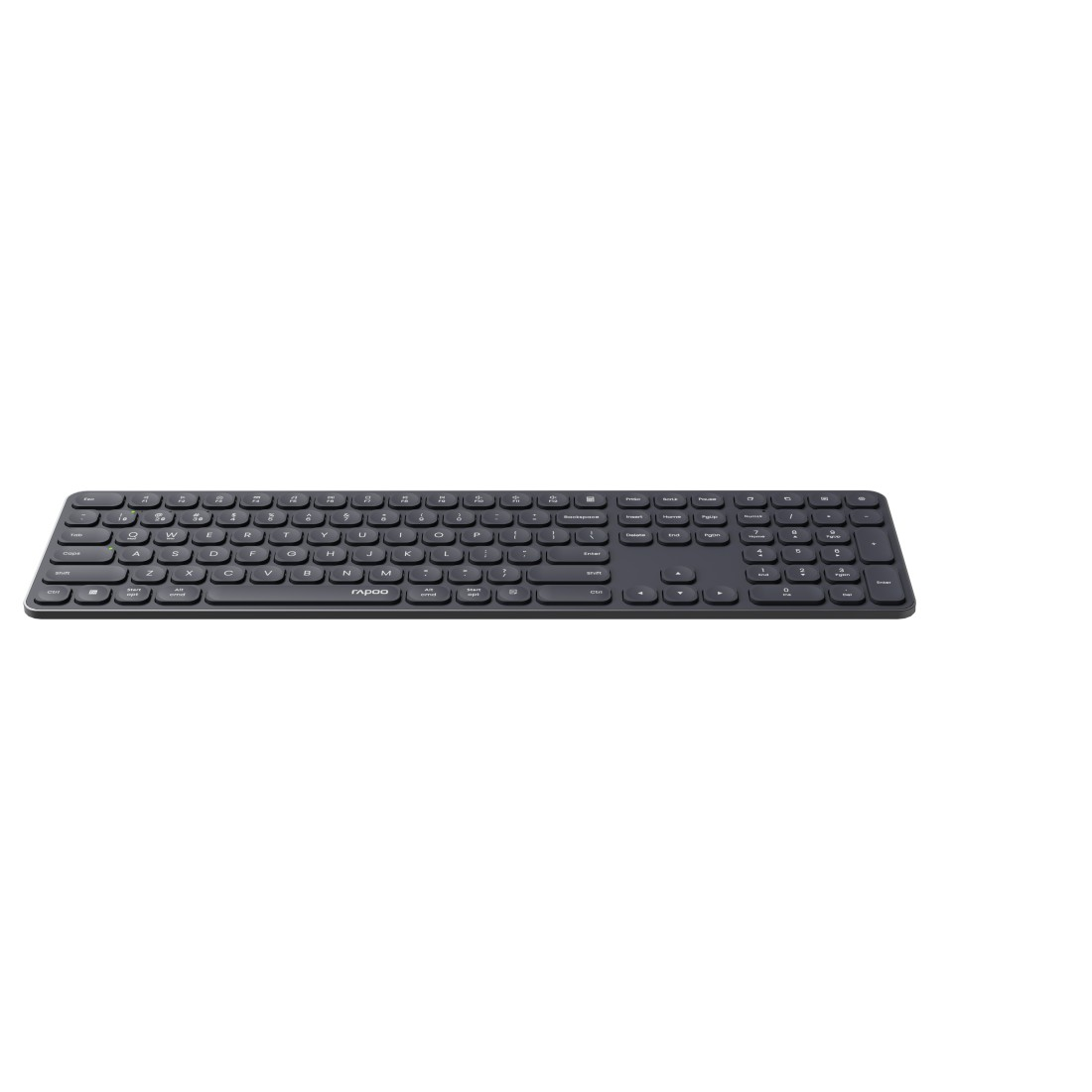 Eine schwarze Tastatur mit weißen Buchstaben. Die Tastatur hat einen Nummernblock und ein schlankes Design.