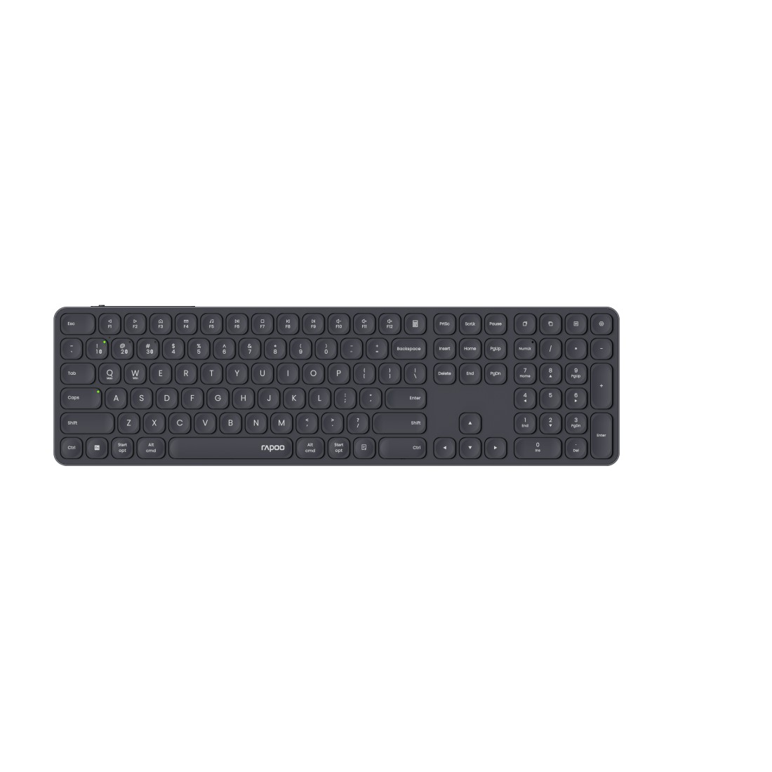 Eine graue Tastatur mit weißem Hintergrund. Sie hat ein schlankes, minimalistisches Design.