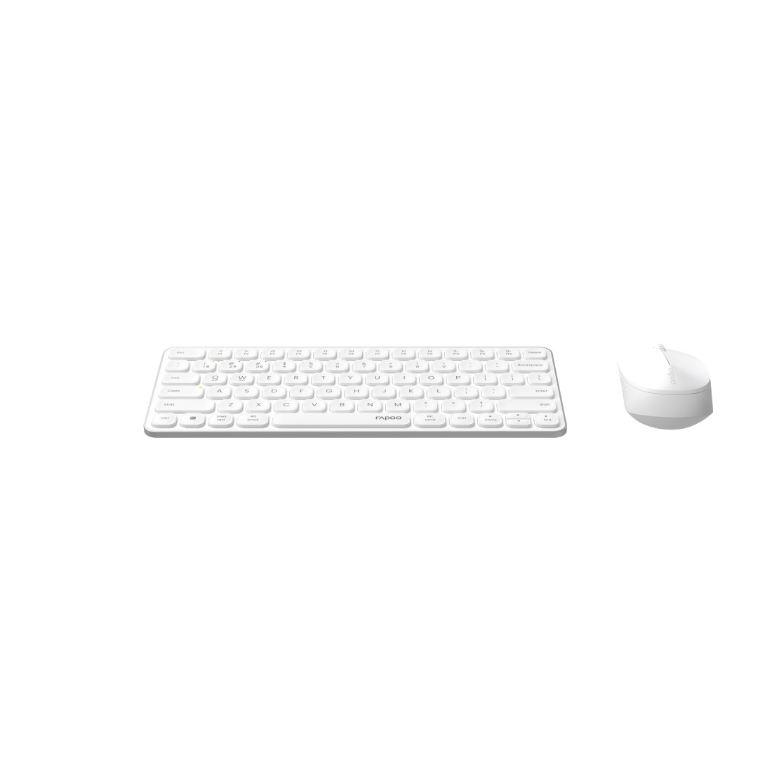 Eine weiße Tastatur und Maus auf weißem Hintergrund. Die Tastatur ist klein.