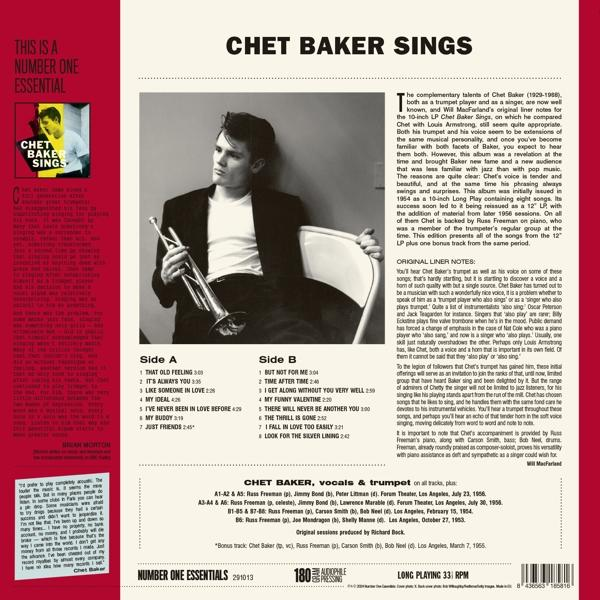 Albumcover von Chet Baker Sings, mit einem Schwarz-Weiß-Foto von Chet Baker.