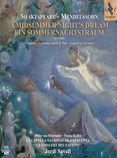 Albumcover für 'Ein Sommernachtstraum', mit einem Gemälde mit Figuren und Blumen.