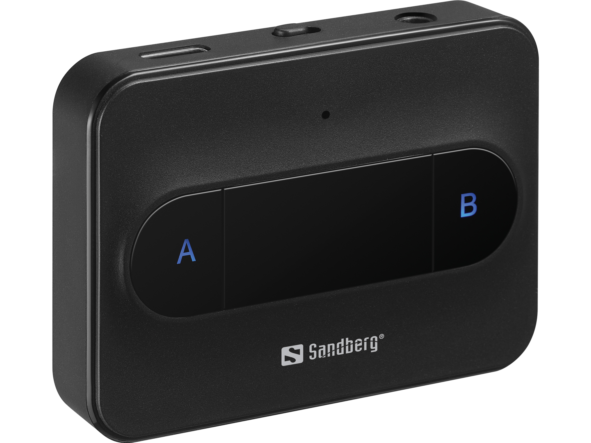 Ein schwarzes elektronisches Gerät mit den Tasten „A“ und „B“ und dem Markennamen „Sandberg“.