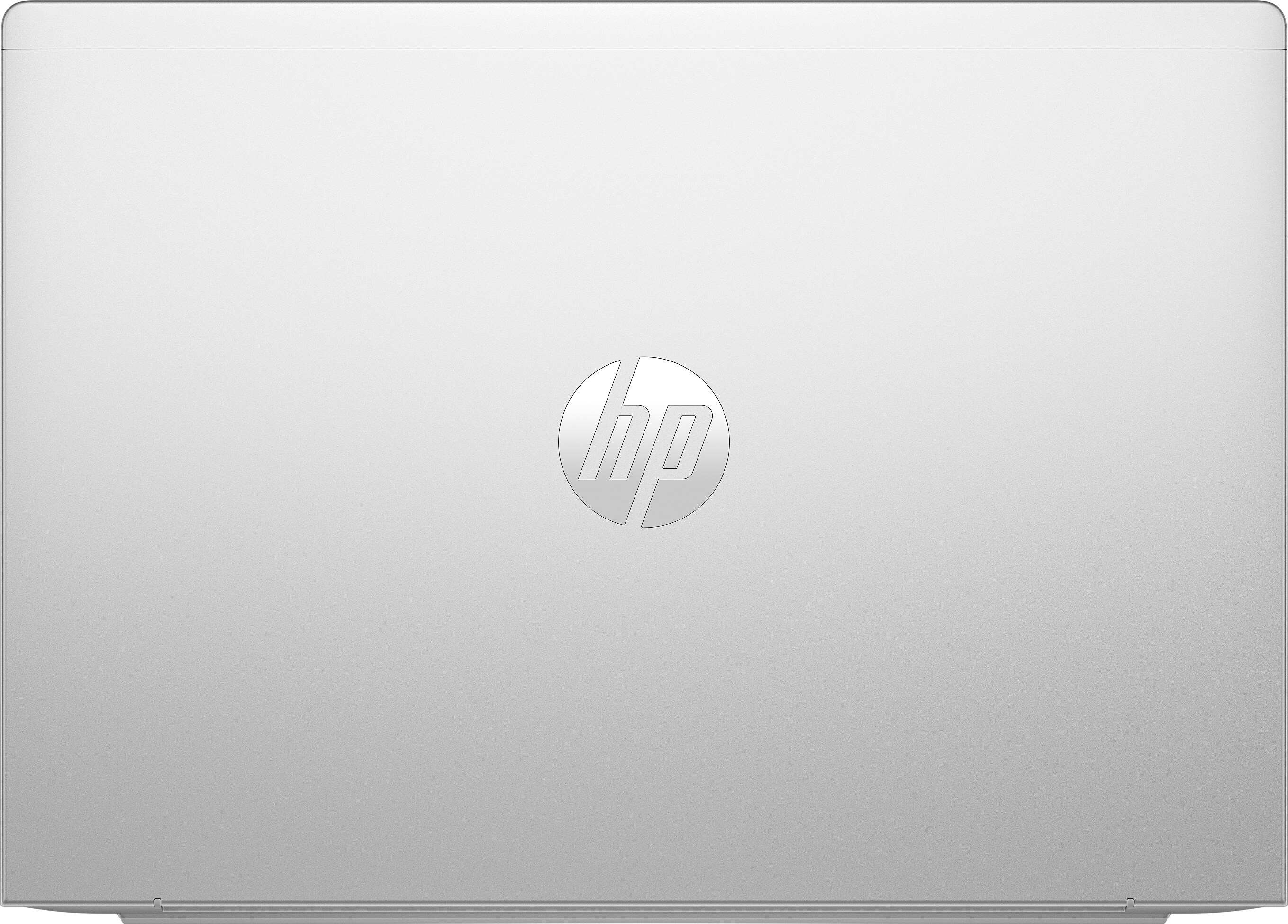 Silberner Laptopdeckel mit HP-Logo. Die Oberfläche hat eine dezente Textur.