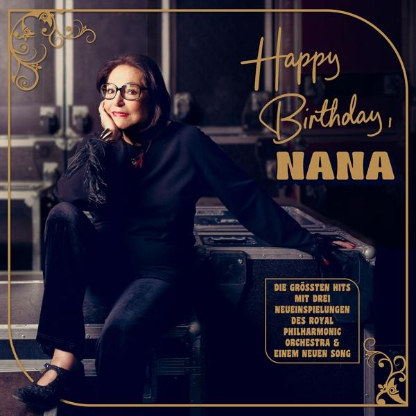 Albumcover mit einer sitzenden Frau, Text 'Happy Birthday, NANA' und Golddesign.