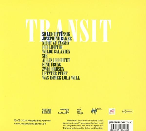 Gelber Hintergrund mit schwarzem und weißem Text. "TRANSIT" in Weiß, darunter eine Liste.