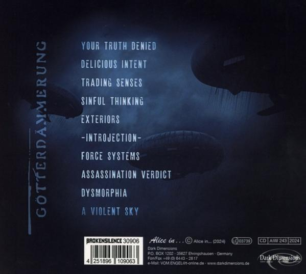CD-Rückseite mit Titel und Trackliste, im Hintergrund Zeppeline.