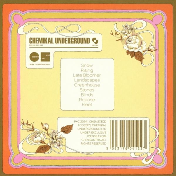 Albumcover mit Text und floralem Design auf gelb-orangenem Hintergrund.