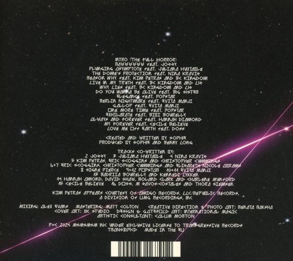 Text mit Song-Credits auf dunklem Hintergrund mit rosa Linien.