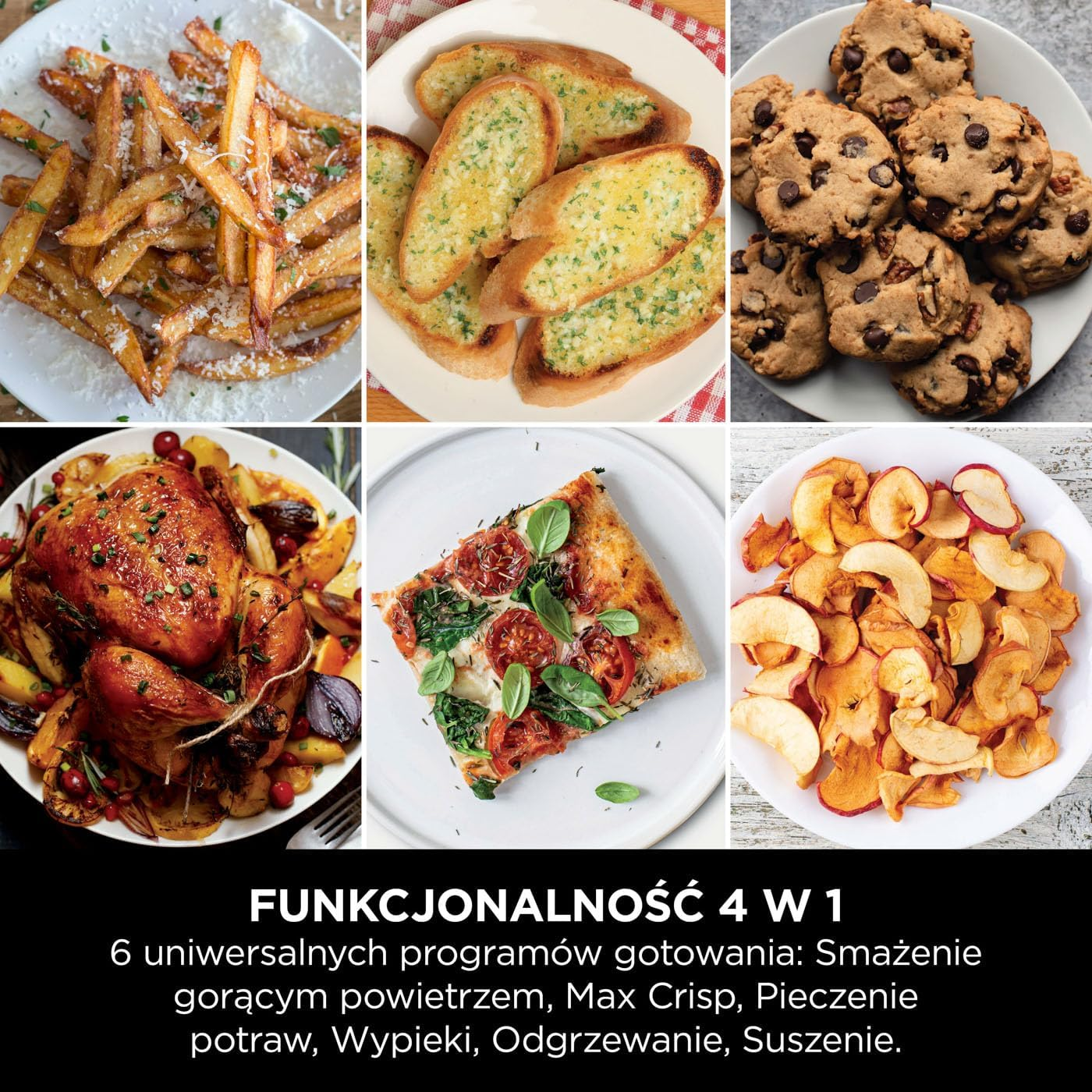 Sześć potraw: frytki, chleb czosnkowy, ciastka, kurczak, pizza i chipsy jabłkowe.