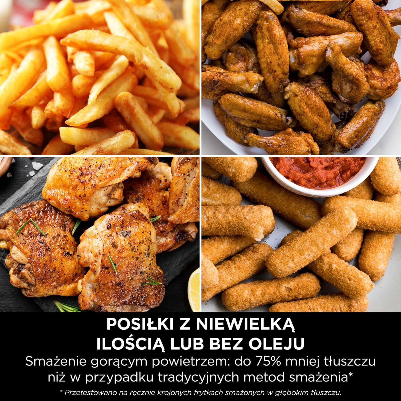 Cztery obrazy smażonych potraw.