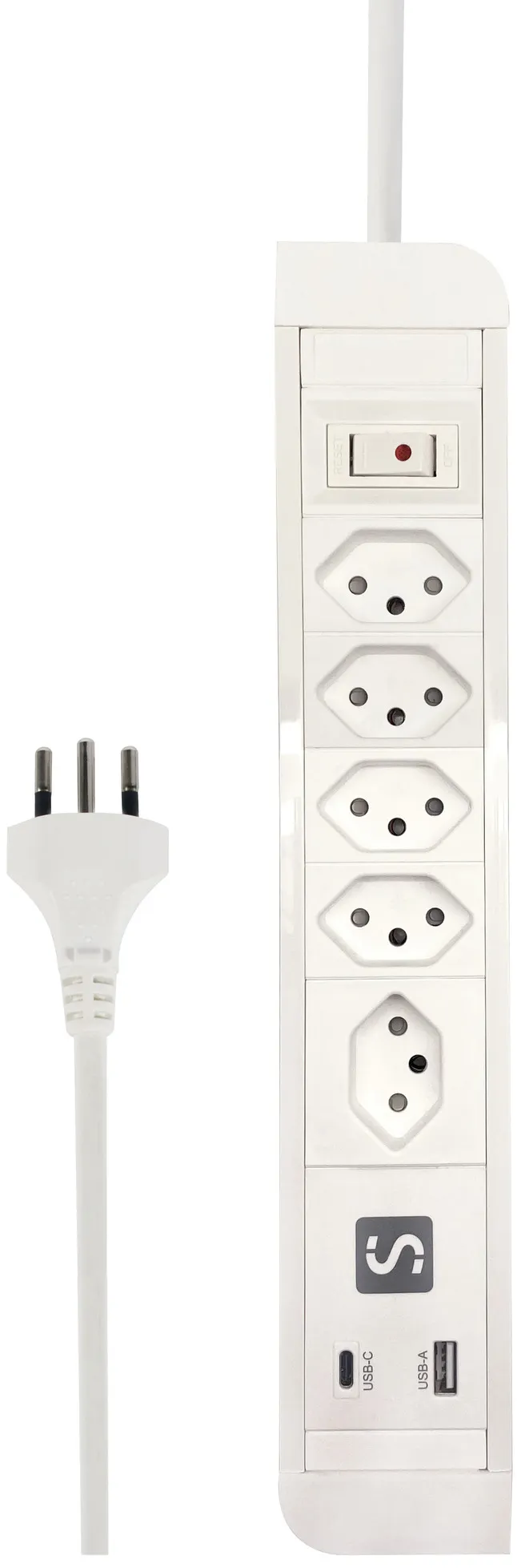 Weißes Verlängerungskabel mit mehreren Steckdosen und einem Stecker. Oben befindet sich ein Schalter.