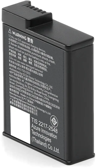 Batterie noire DJI Osmo, avec texte et étiquettes d'avertissement, sur fond blanc.