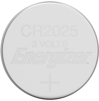 Silberne Energizer CR2025 Batterie mit 'CR2025 3 VOLTS Energizer' Text und Pluszeichen.