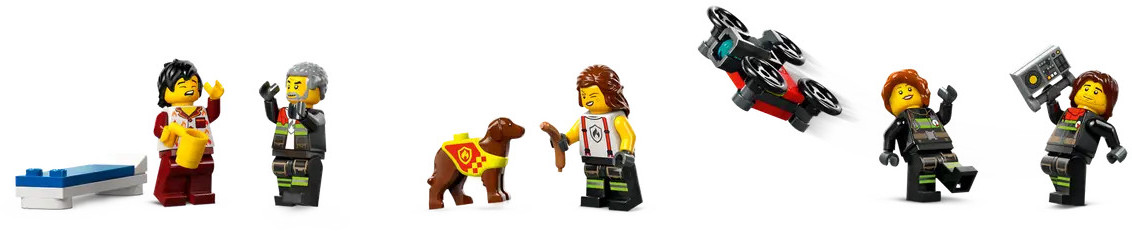 Figurki Lego: dwóch dorosłych, pies, kobieta z psem, dron i dwie kolejne figurki.