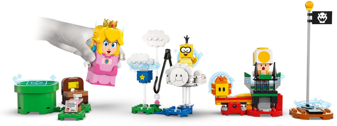 Zestaw Lego z Peach, zieloną rurą, skrzynią i flagą na białym tle.