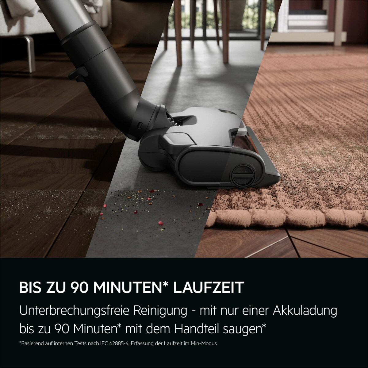 Staubsaugerkopf auf verschiedenen Bodenarten: Holz, Beton und Teppich. Text: Bis zu 90 Minuten Laufzeit.