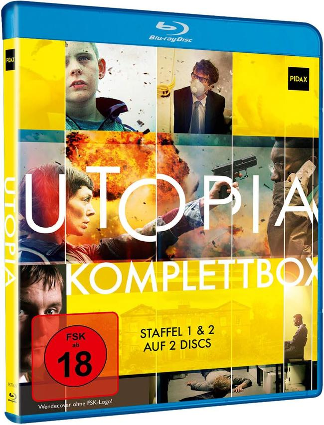 Eine Blu-ray-Box-Set für die Fernsehserie Utopia, mit mehreren Bildern und dem Text 'Komplettbox'.