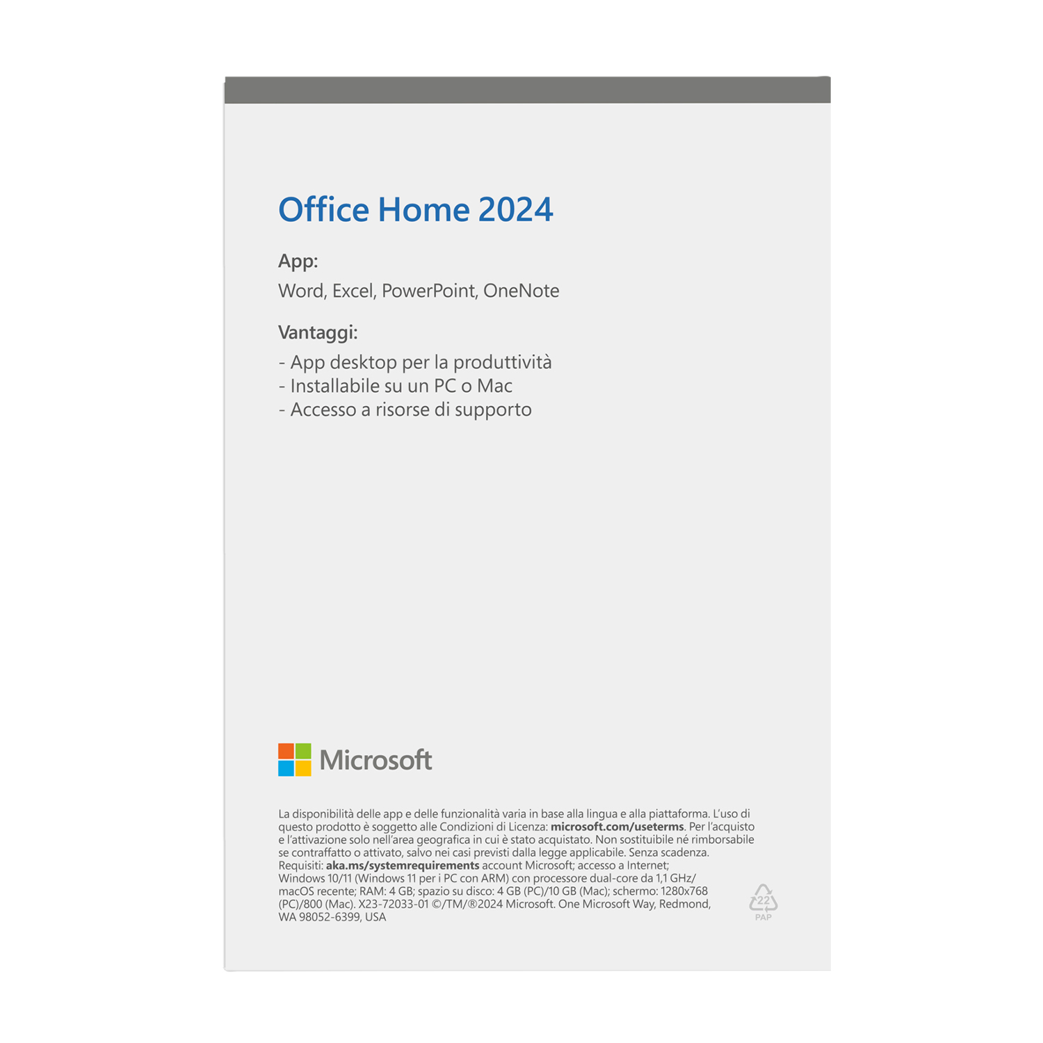 Annuncio Microsoft Office Home 2024 con nomi delle app e info di supporto.