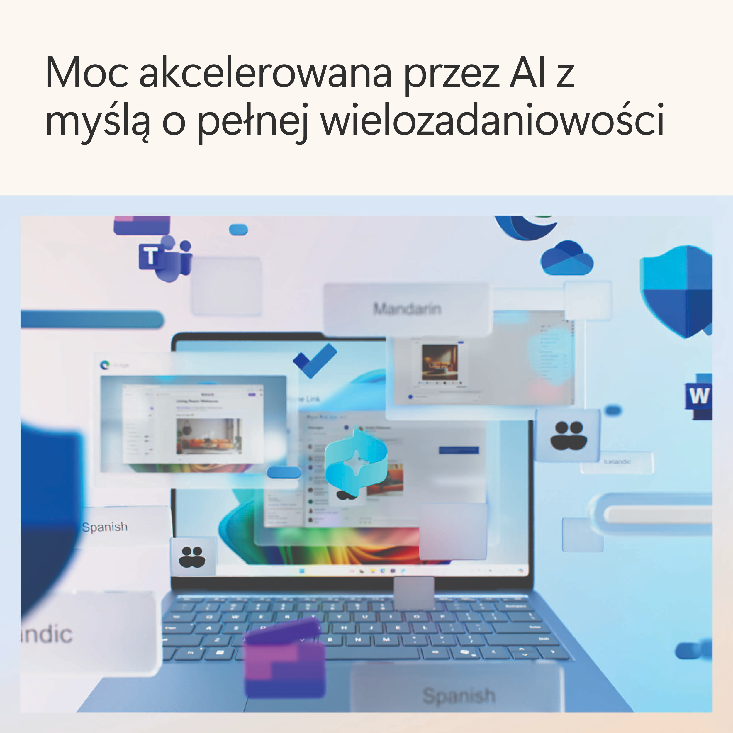 Laptop pokazujący różne okna tłumaczeń językowych. Tekst brzmi 'Moc akcelerowana przez AI'.