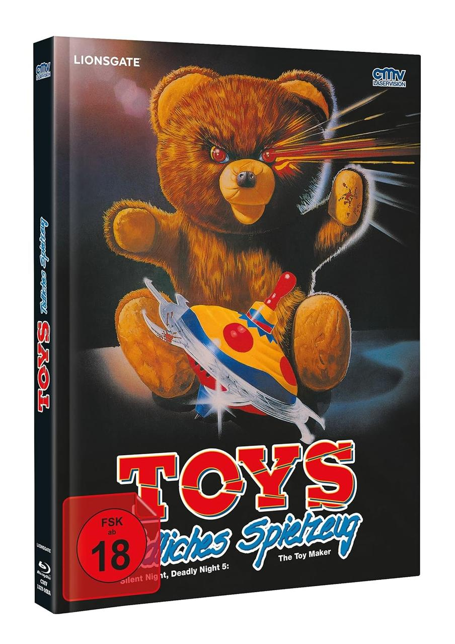 DVD-Hülle für 'Toys' mit einem Teddybär, der einen Kreisel hält, und einer roten Bewertung.
