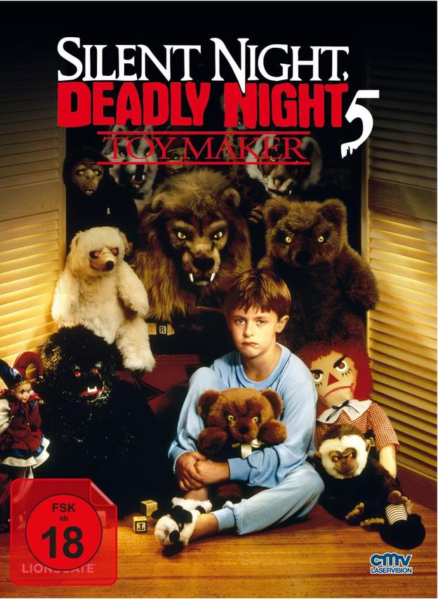 Filmposter für "Silent Night, Deadly Night 5: The Toy Maker" mit Spielzeug und einem Jungen.