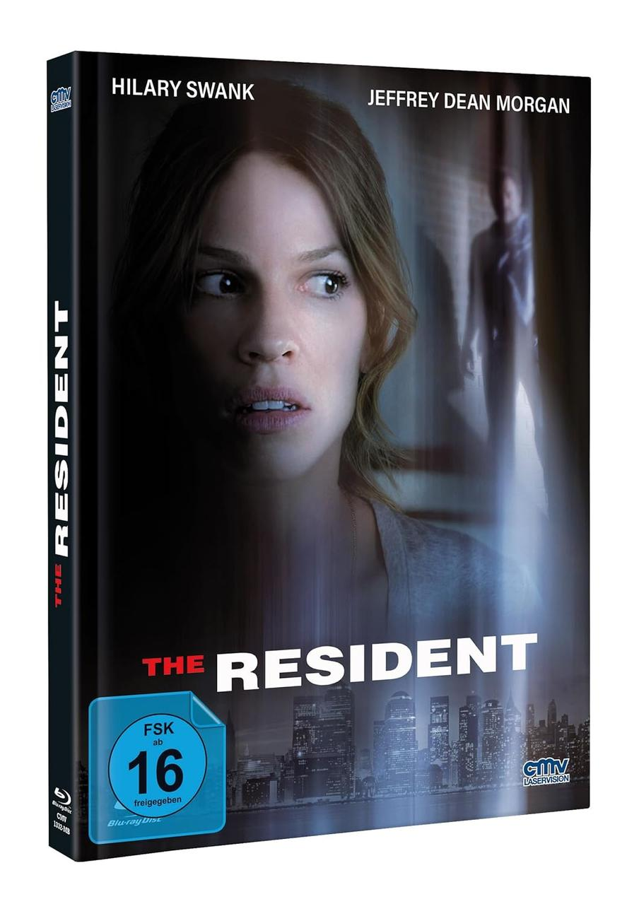 DVD-Cover für 'The Resident' mit Hilary Swank und Jeffrey Dean Morgan.