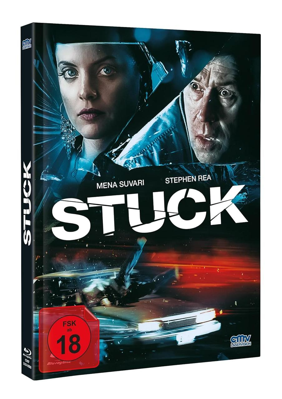 Ein Film-Case mit zwei Gesichtern und dem Wort STUCK. Freigegeben ab 18. Dunkel mit roten Akzenten.