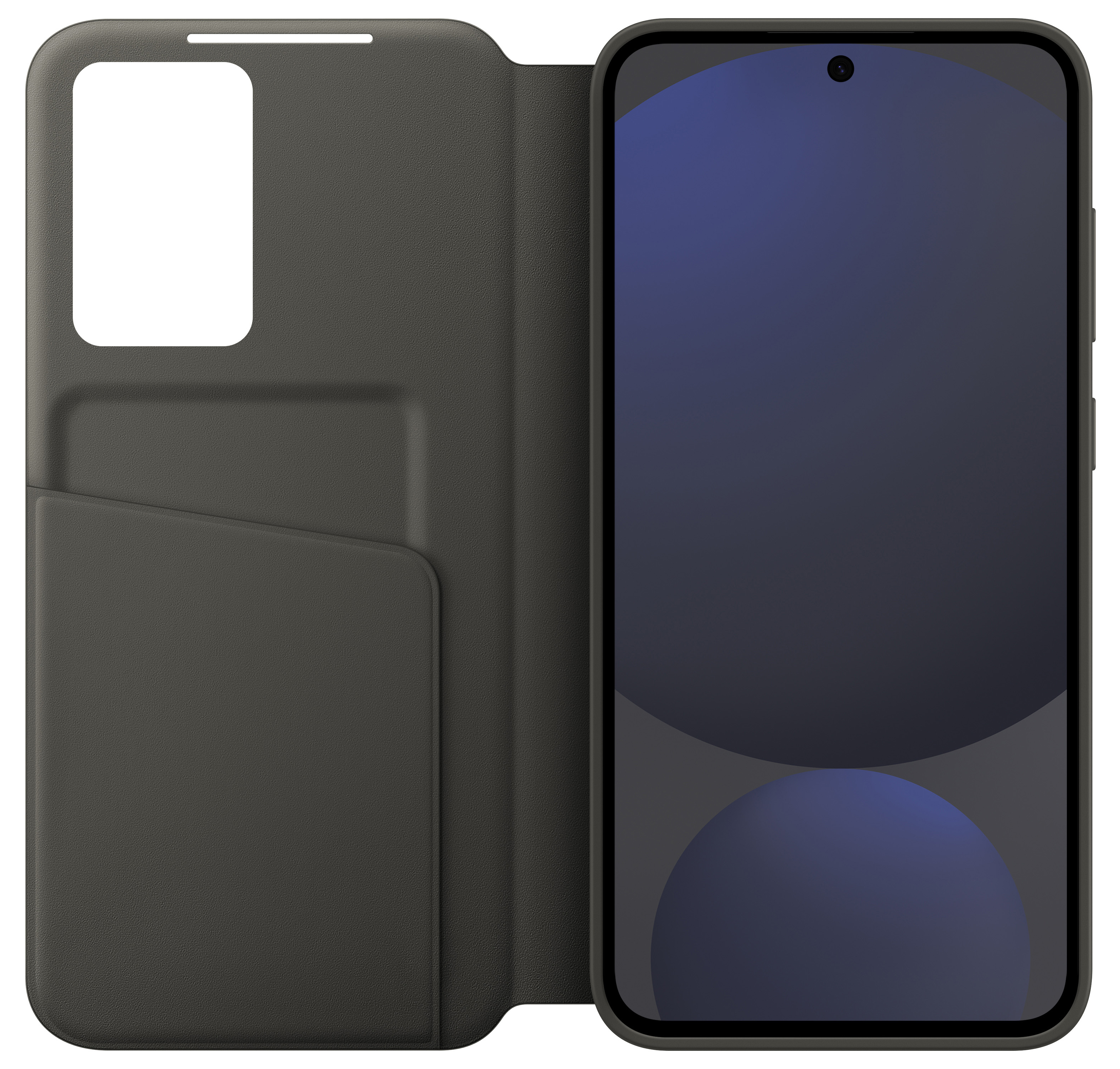 Smartfon w otwartym, ciemnoszarym etui folio z miejscem na kartę.