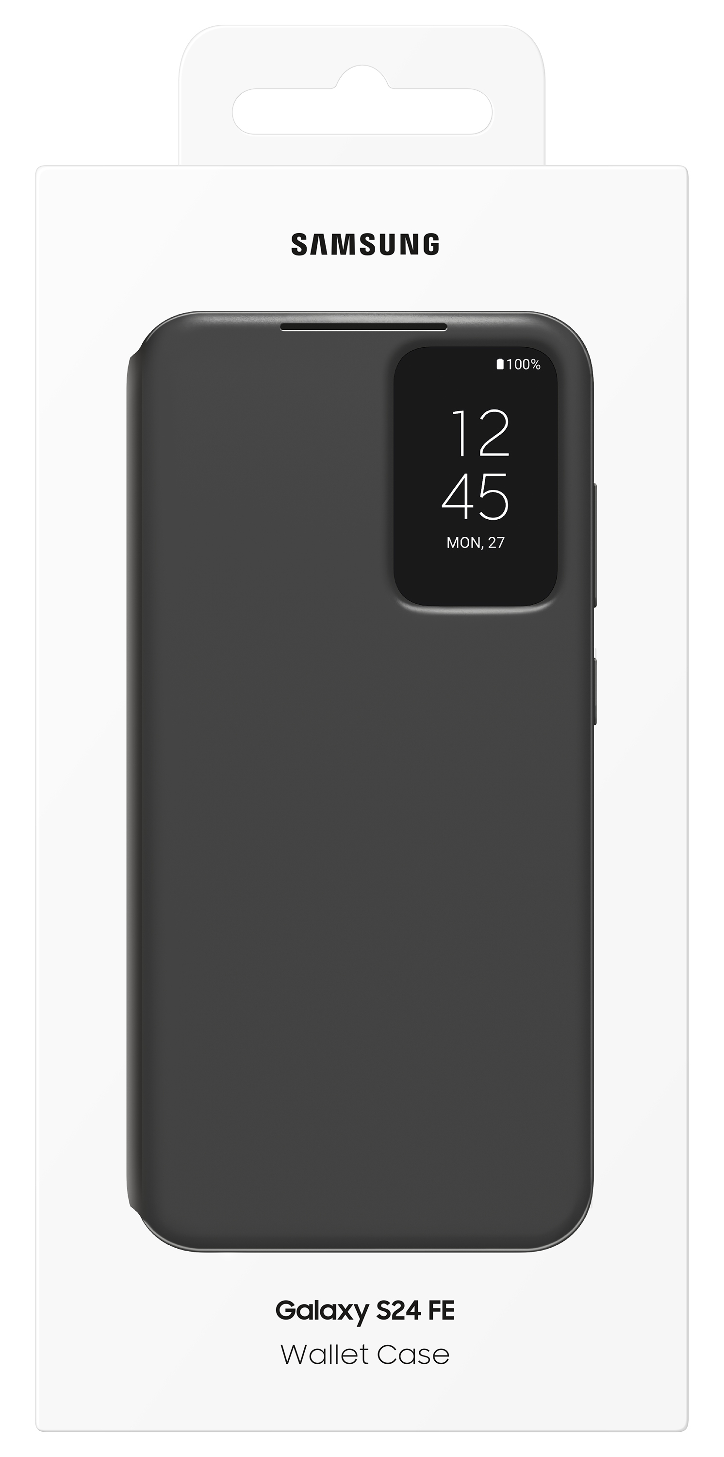 Czarne etui na telefon z ekranem, wyświetlające godzinę i datę, oraz logo Samsunga na białym tle.