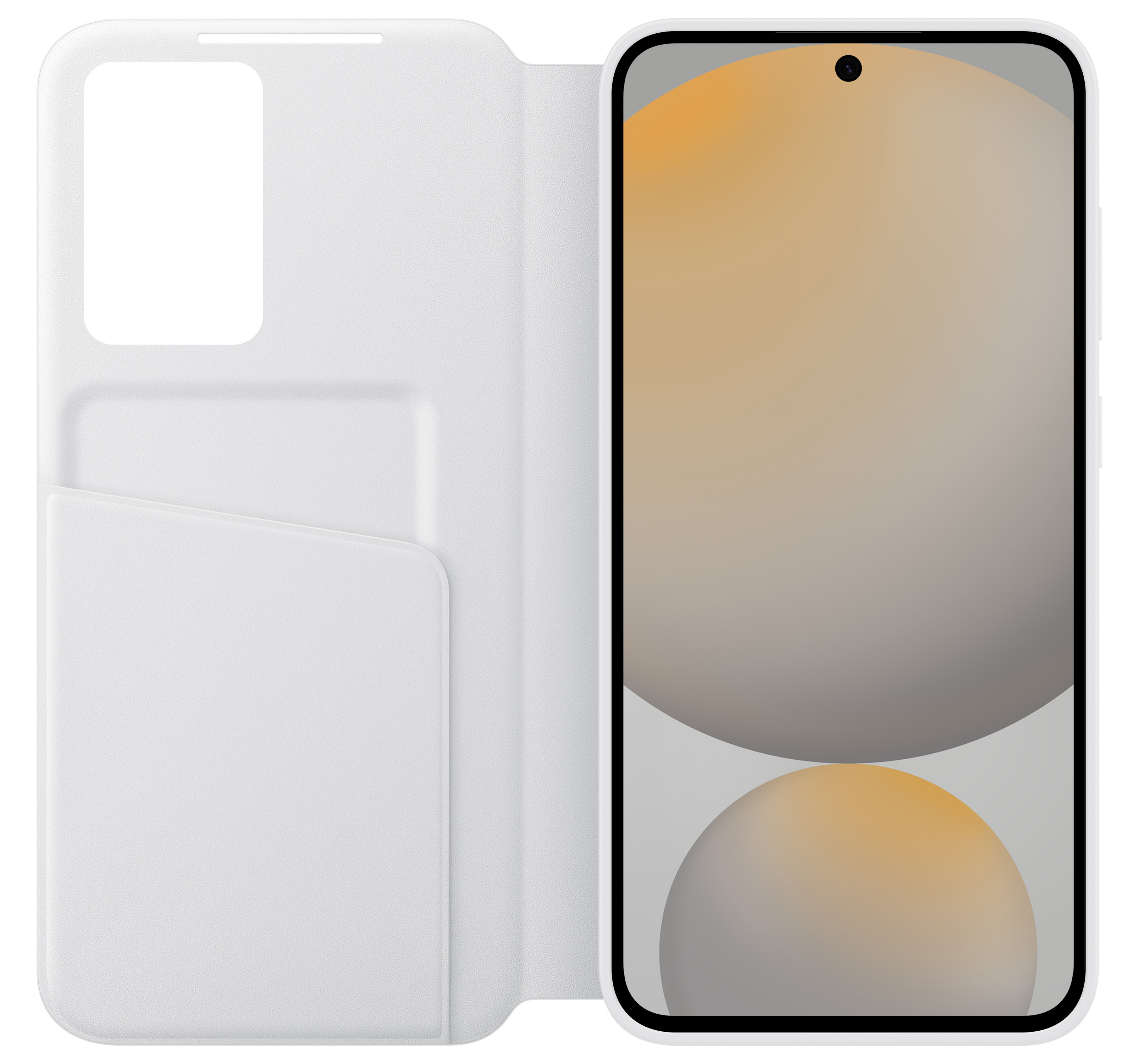 Białe etui na telefon jest otwarte. Ekran pokazuje szaro-pomarańczowy abstrakcyjny wzór.