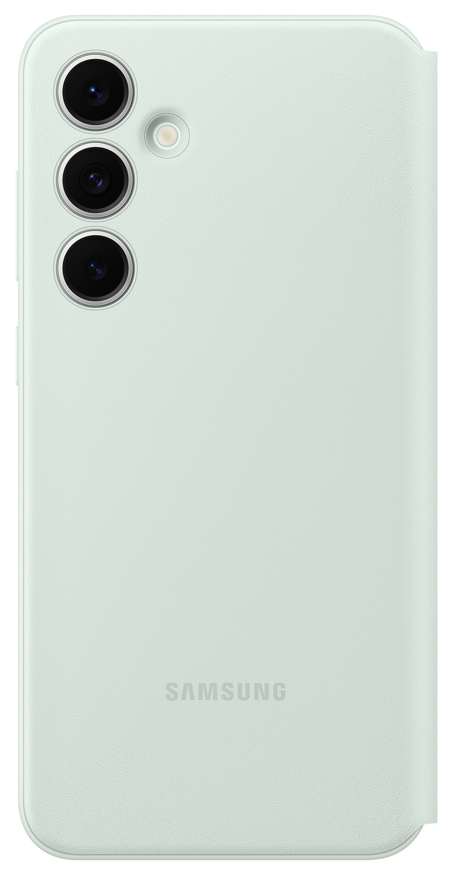 Tył miętowego telefonu Samsung z trzema aparatami i logo Samsung.