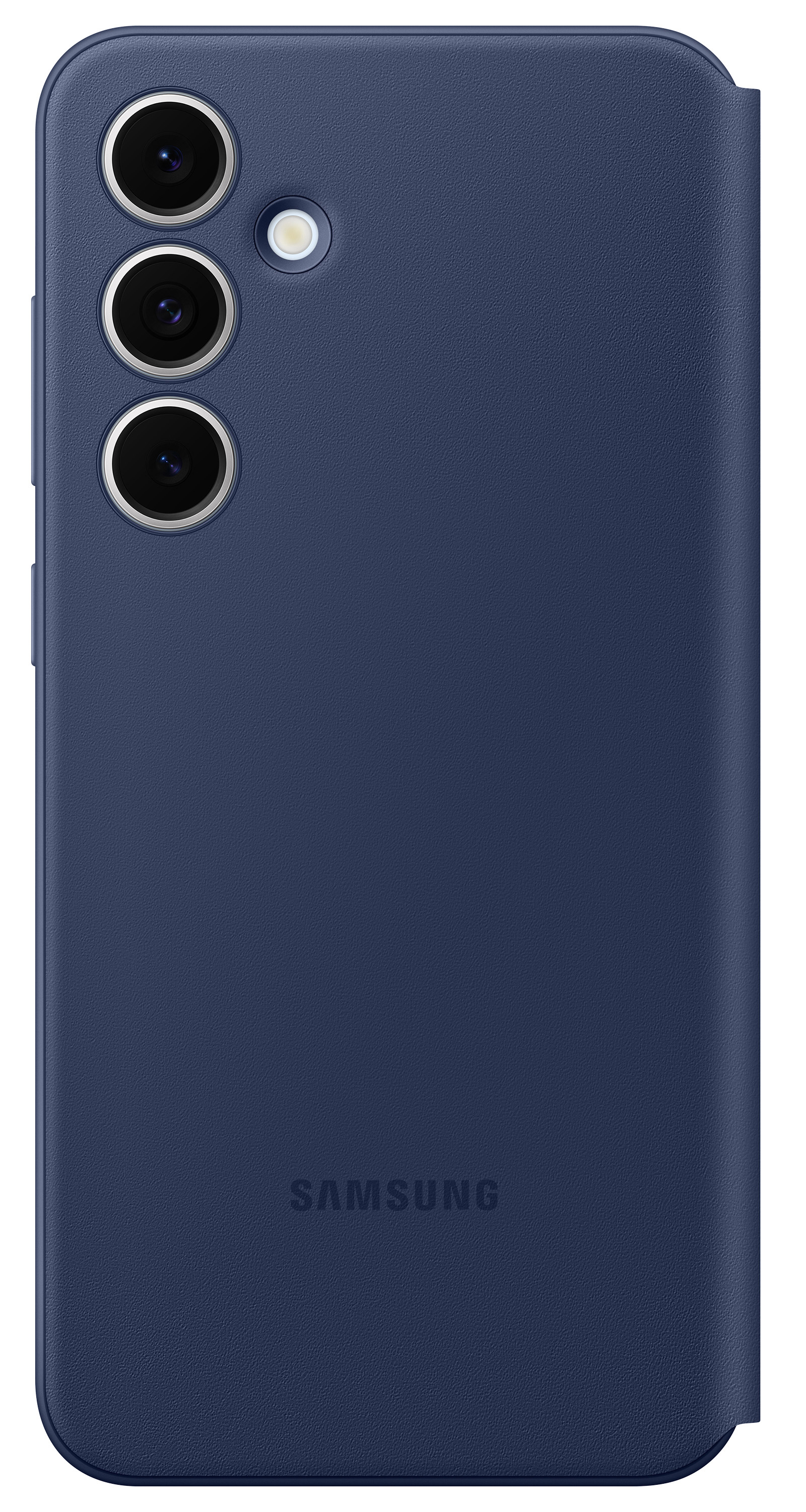 Niebieskie etui na telefon z trzema obiektywami aparatu, widoczne logo Samsung, widok z tyłu.