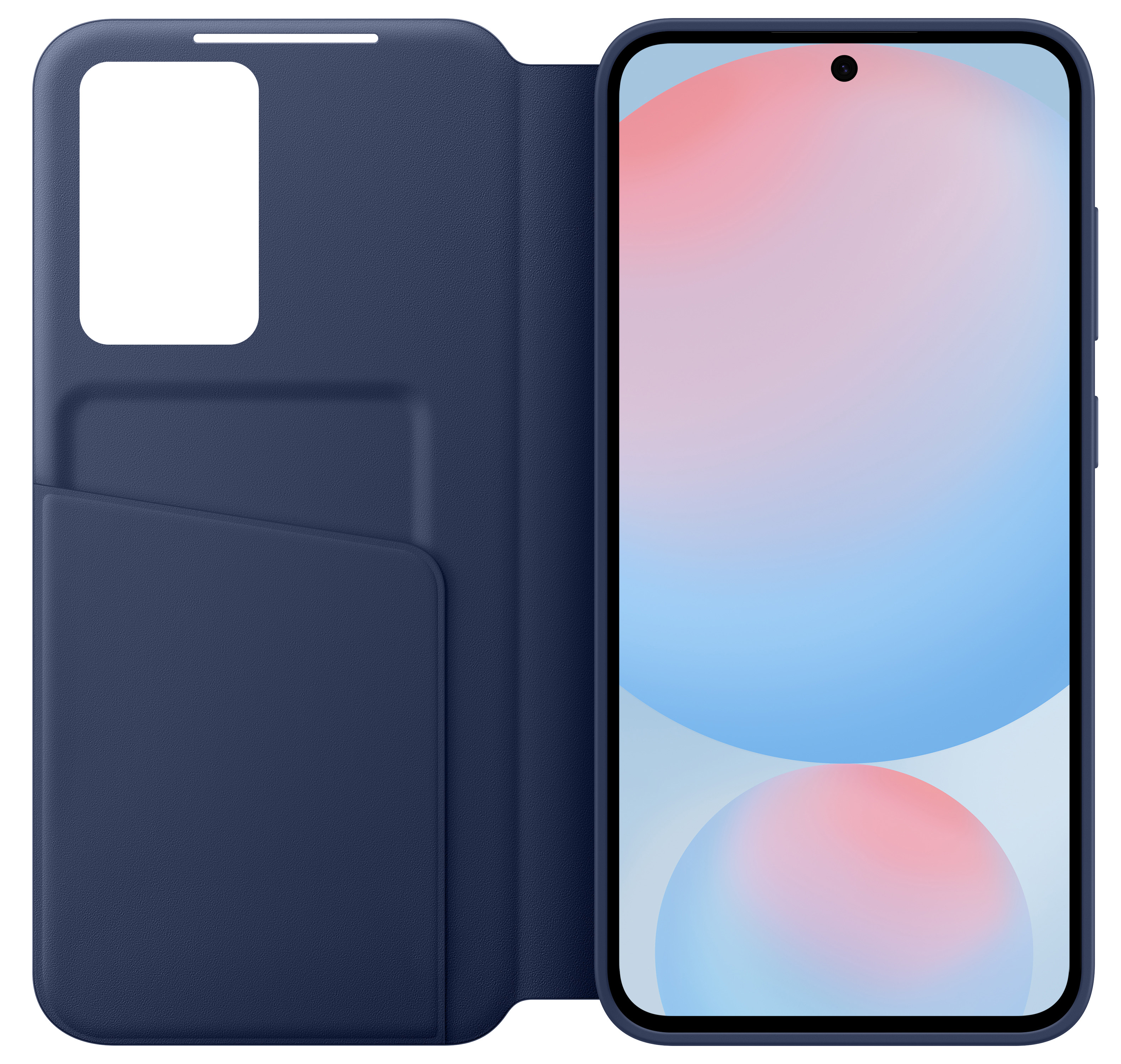 Niebieskie etui na telefon jest otwarte, a telefon wyświetla abstrakcyjny wzór z czerwonych i niebieskich kół.