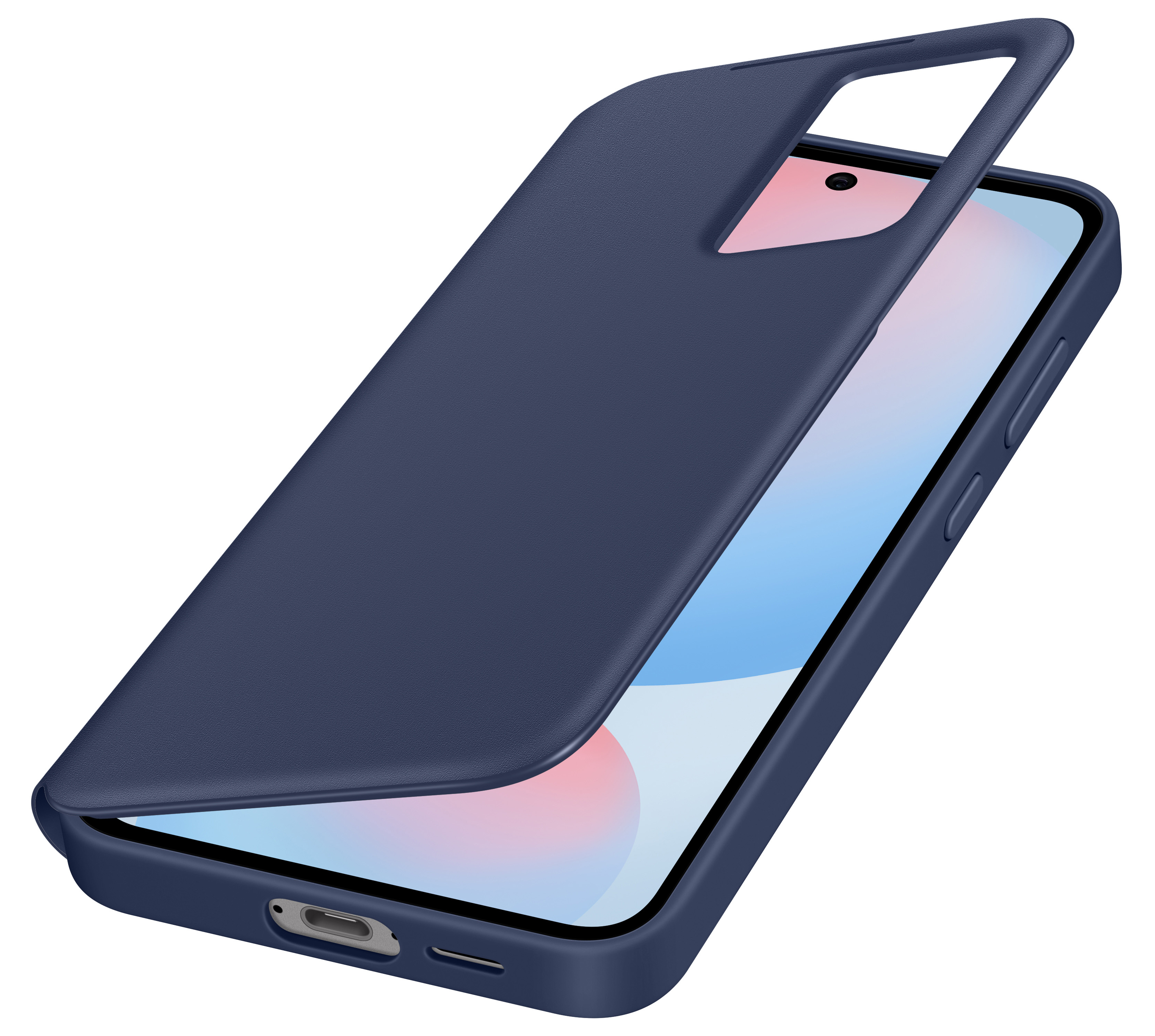 Niebieskie etui na telefon z wycięciem na aparat, zakrywające telefon.