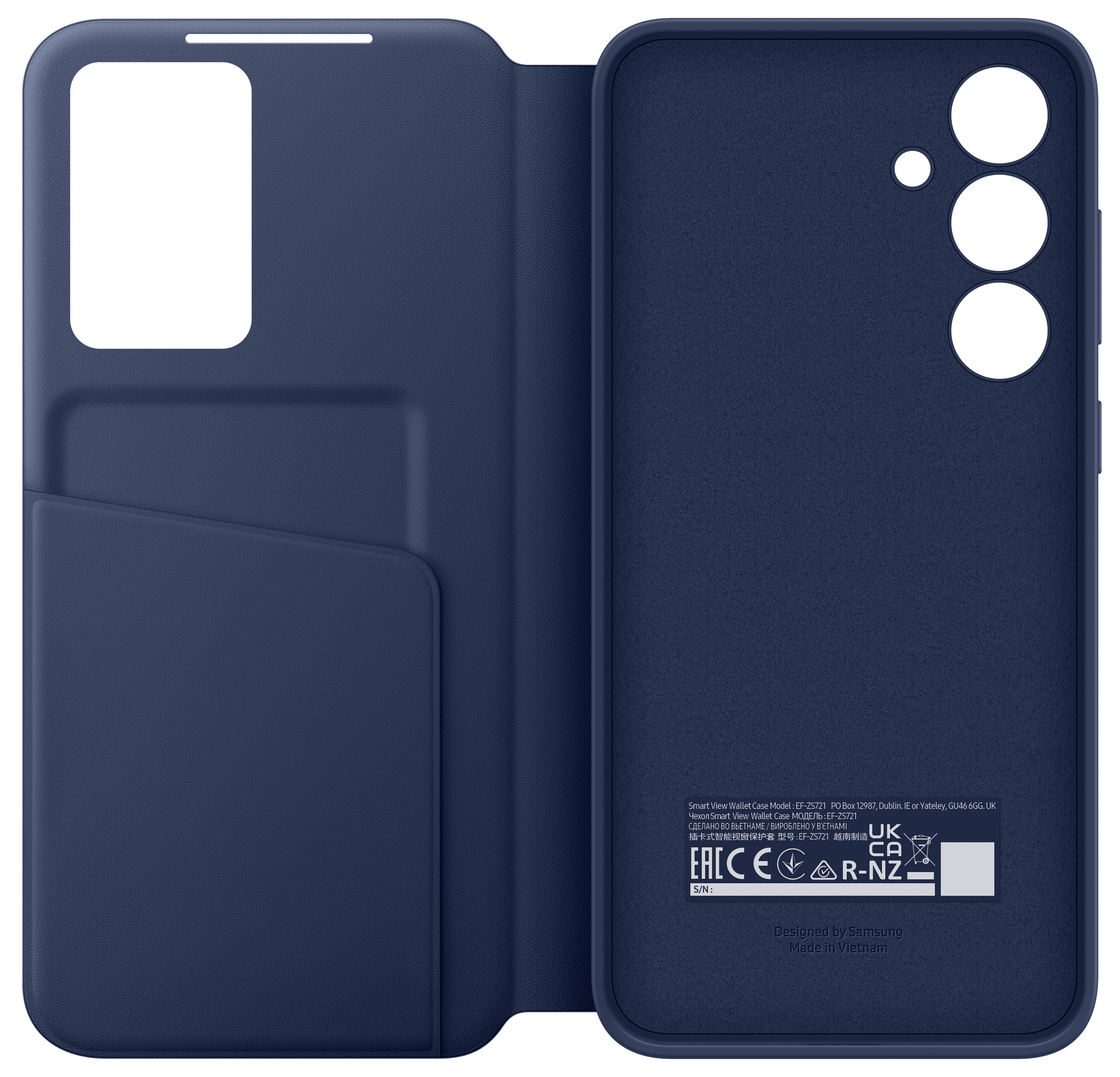 Granatowe etui na telefon otwarte, w stylu portfela, ze slotem na kartę i logo Samsung.