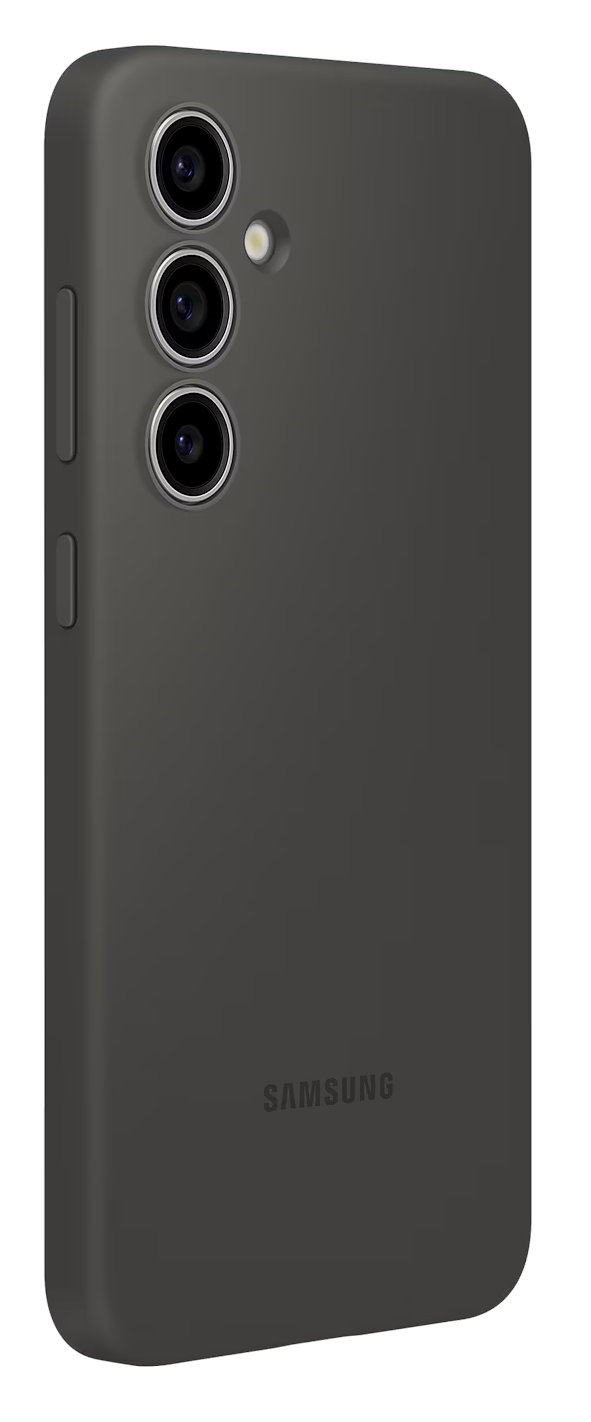 Ciemnoszary smartfon z trzema tylnymi aparatami. Widoczne logo 'SAMSUNG'. Telefon lekko pochylony.