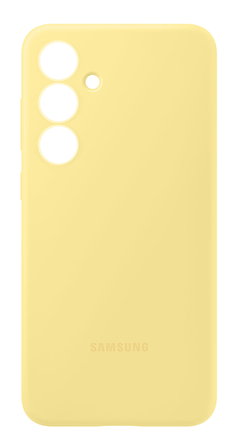 Żółte etui na telefon z wycięciami na aparat i logo Samsung.