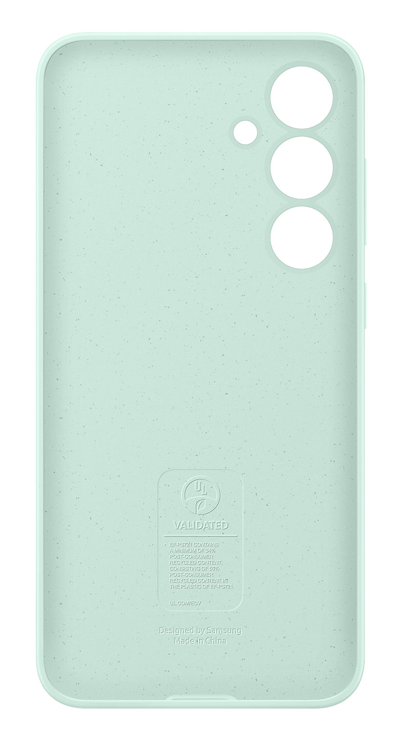 Wnętrze jasnoniebieskiego etui na telefon z logo i tekstem na dole. Trzy otwory na aparat u góry.