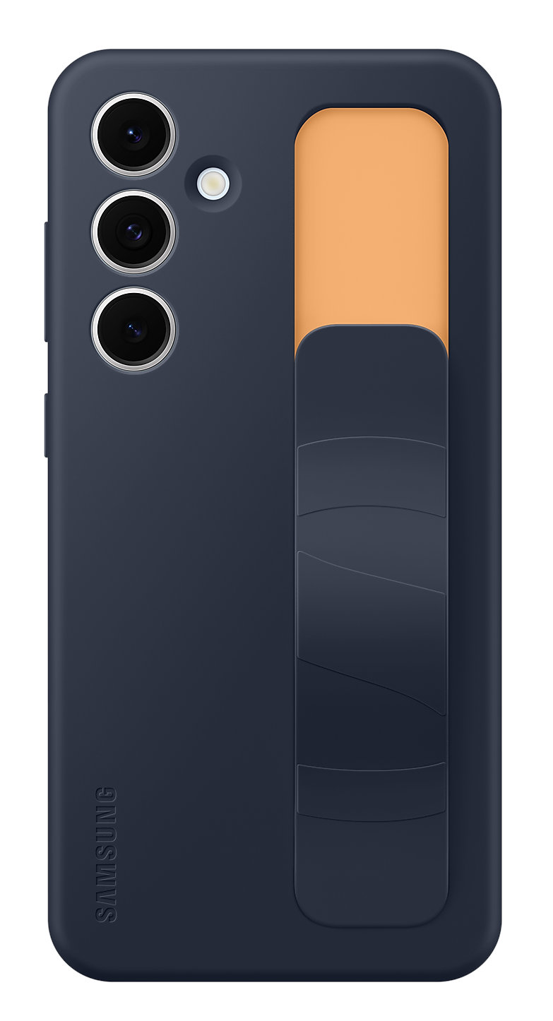 Ciemnoniebieskie etui na telefon z pomarańczowym akcentem i ciemnoniebieskim uchwytem.