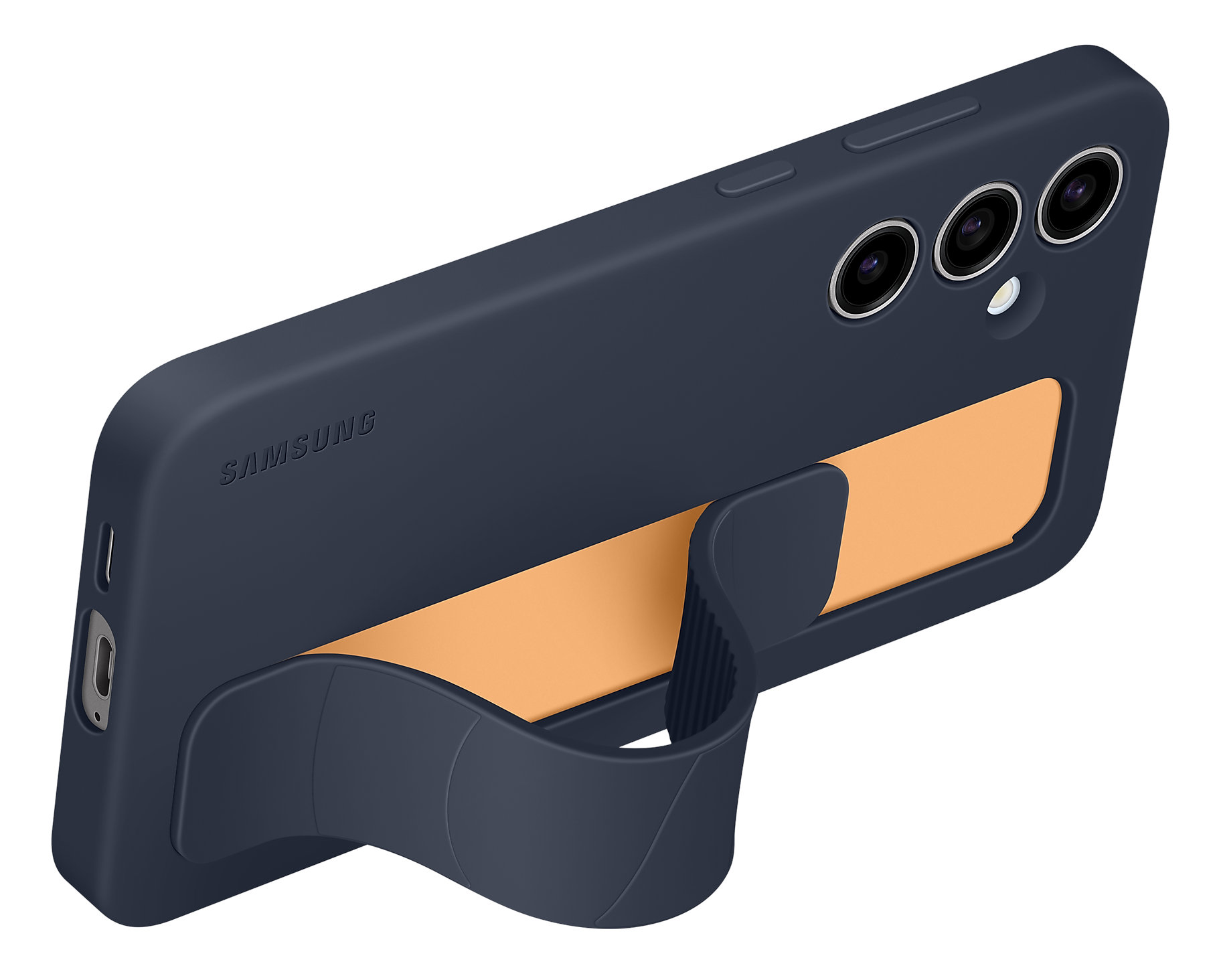 Granatowe etui na telefon z wbudowanym, pomarańczowym uchwytem typu pop-out. Etui ma trzy aparaty.
