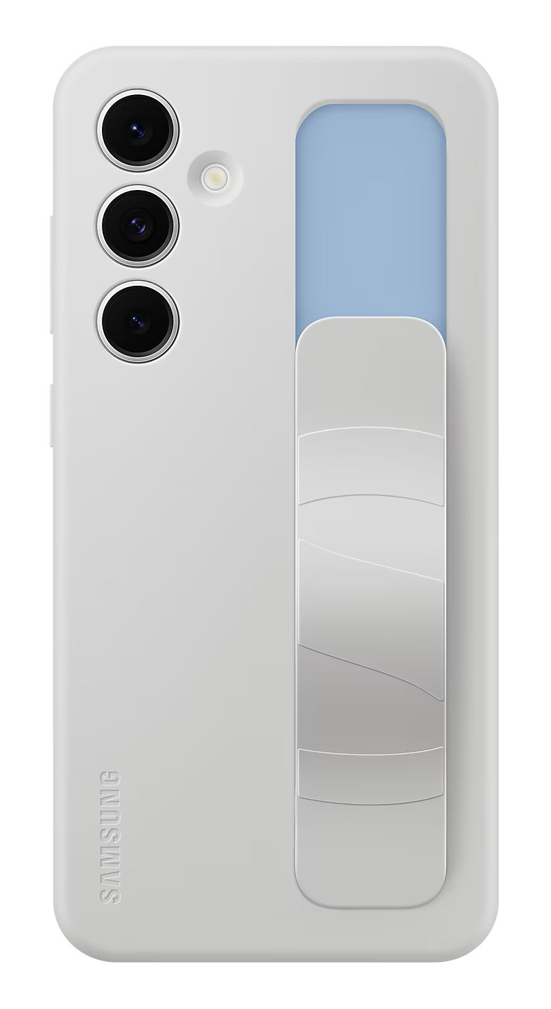 Biały telefon z jasnoniebieską podstawką.