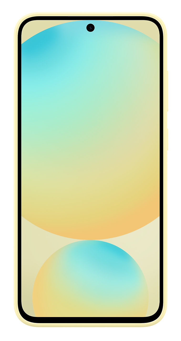 Widok z przodu żółtego smartfona z kolorową tapetą gradientową.
