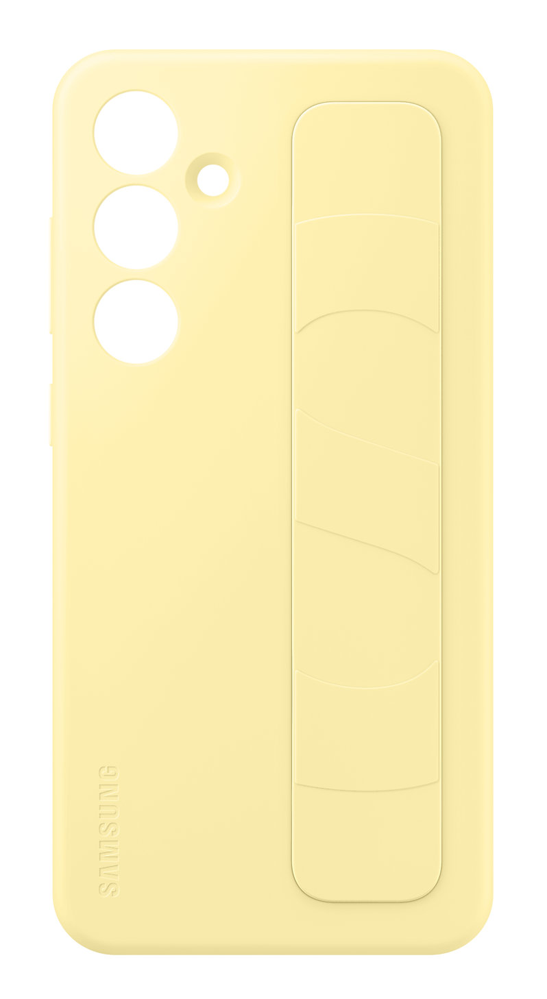 Żółte etui na telefon z paskiem, jasne tło.