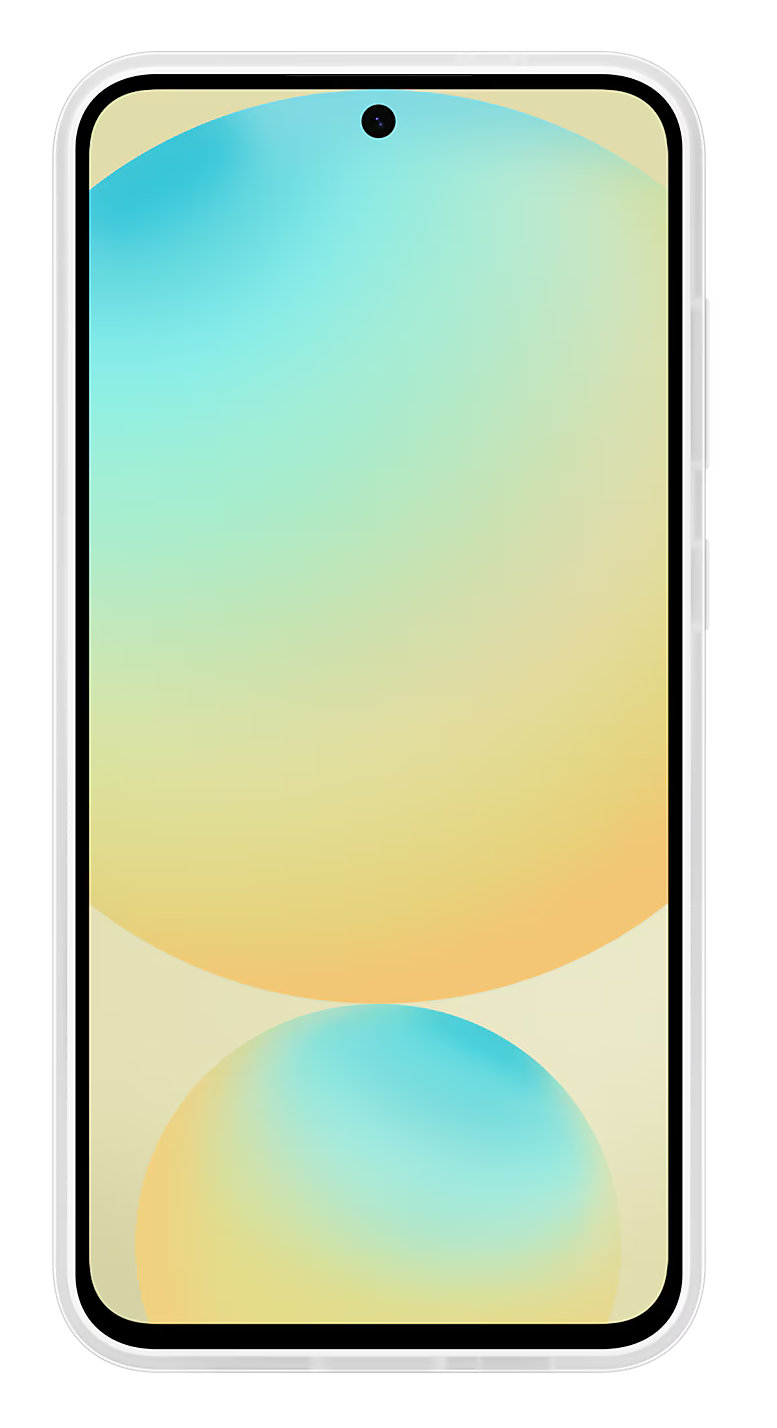 Smartfon z kolorowym, abstrakcyjnym tłem na ekranie. Biała ramka, przedni aparat.