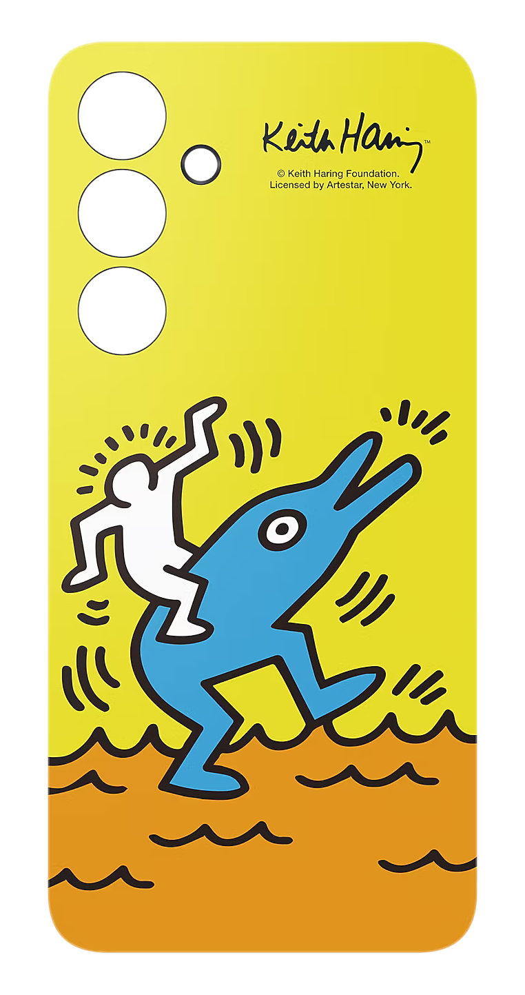Etui z żółtym tłem, niebieskim delfinem i białą osobą.