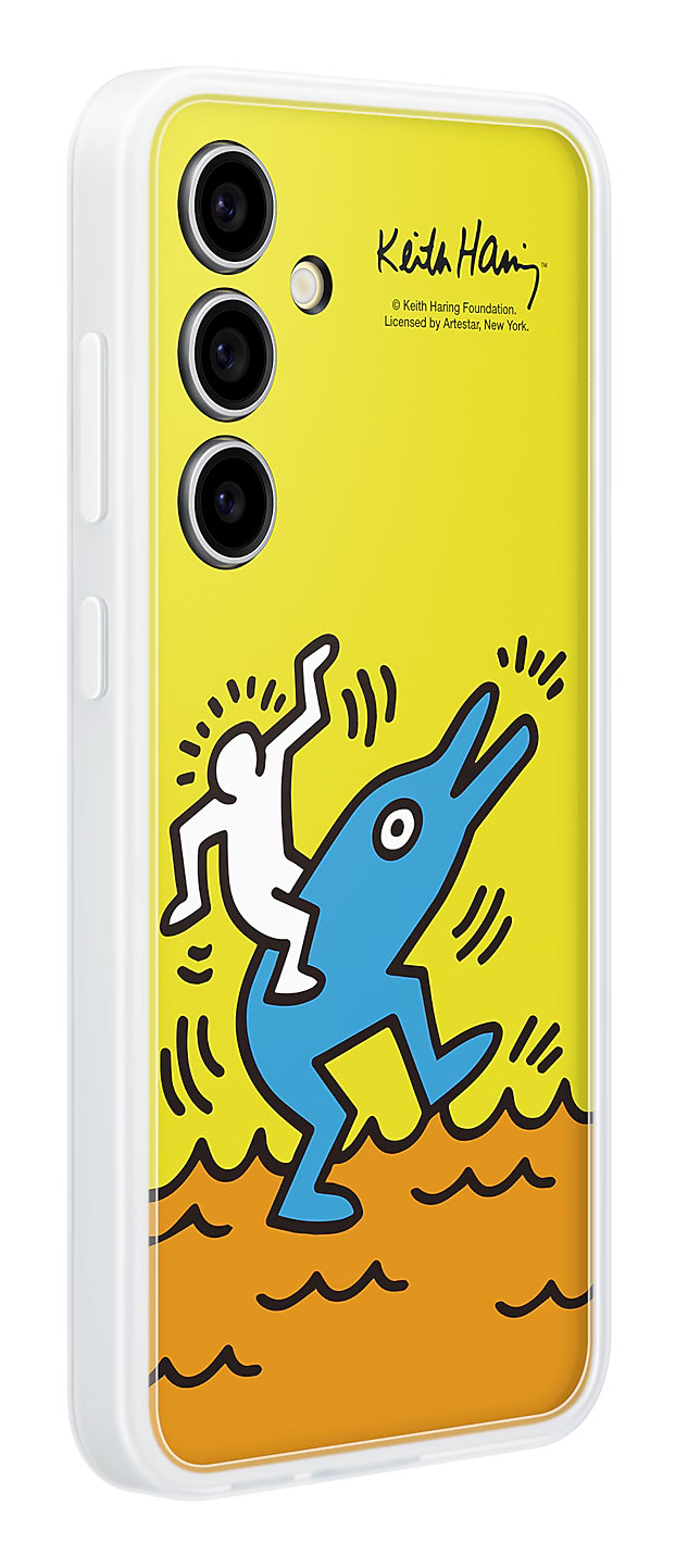 Białe etui na telefon z rysunkiem Keitha Haringa przedstawiającym postać jadącą na niebieskim delfinie na żółtym tle.