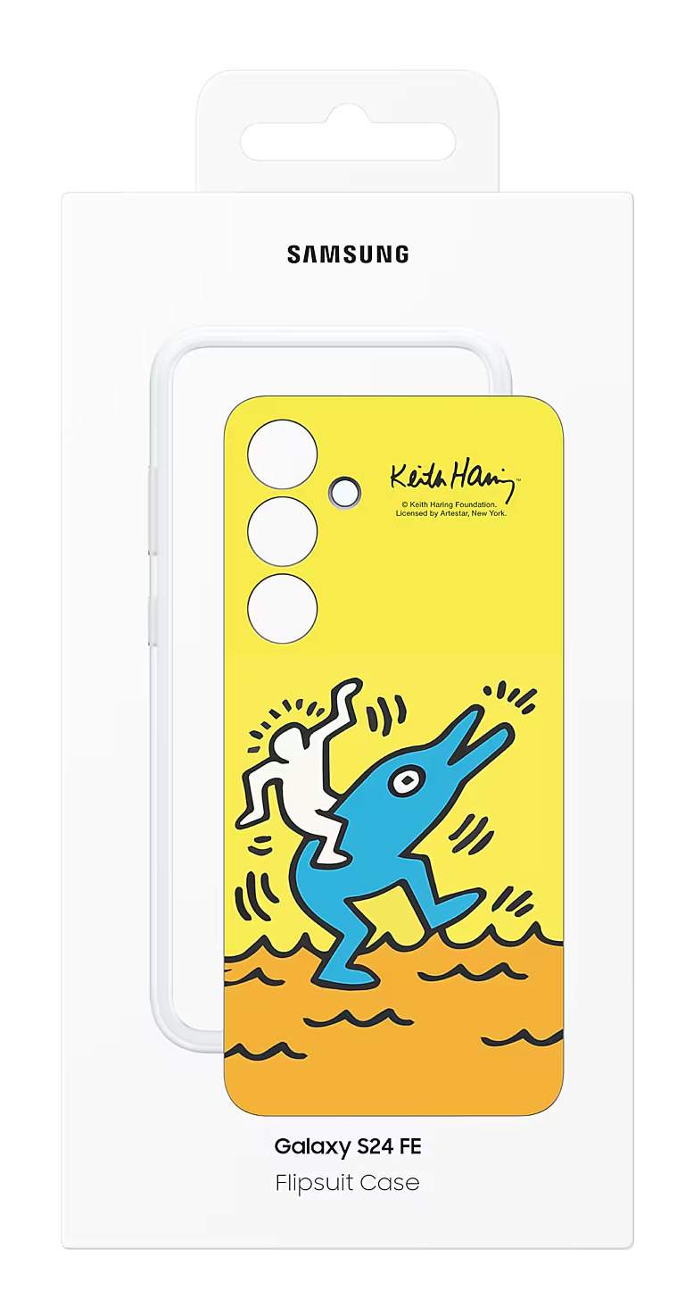 Etui na telefon Samsung Galaxy S24 FE z żółtym tłem i grafiką Keitha Haringa.